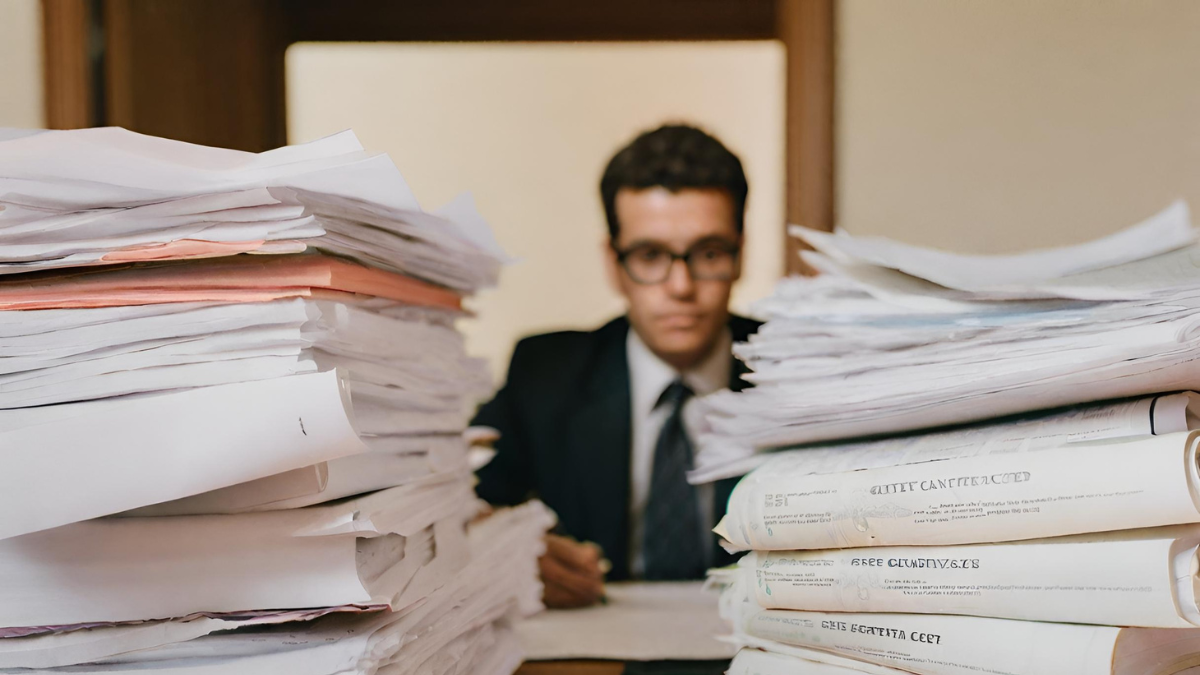 Advogado com pilha de contratos para organizar