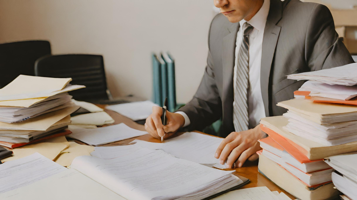 advogado sobrecarregado de trabalho com a mesa cheia de processos