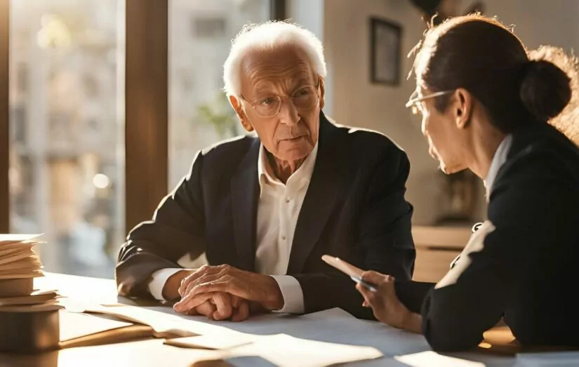 Advogada no escritório com o seu cliente explicando para ele o que é um benefício previdenciário e quais os tipos